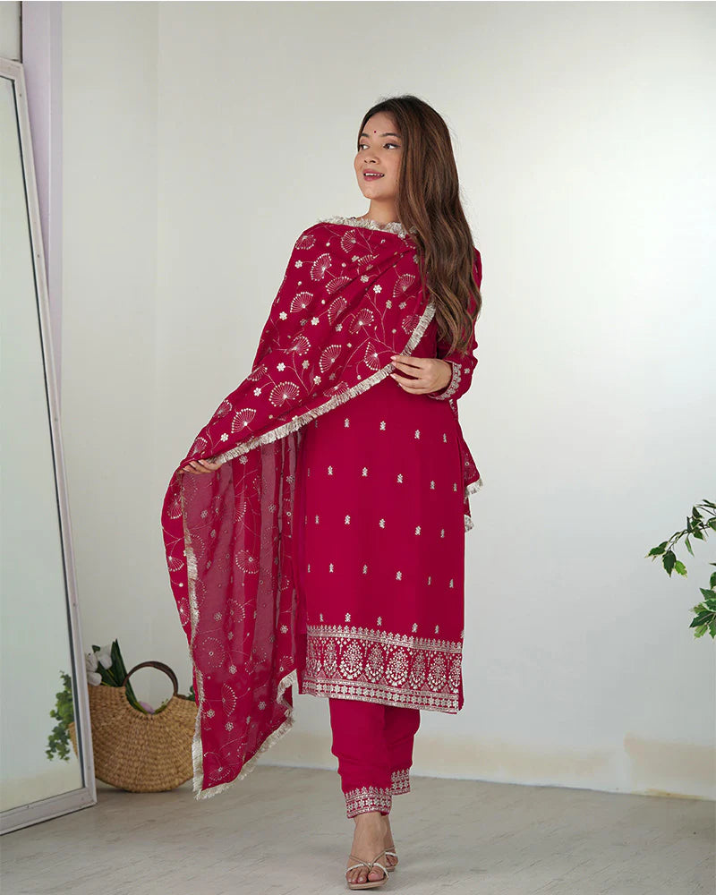 RANI PINK COLOR RANGOLI SILK THREE PIECE KURTI SUIT