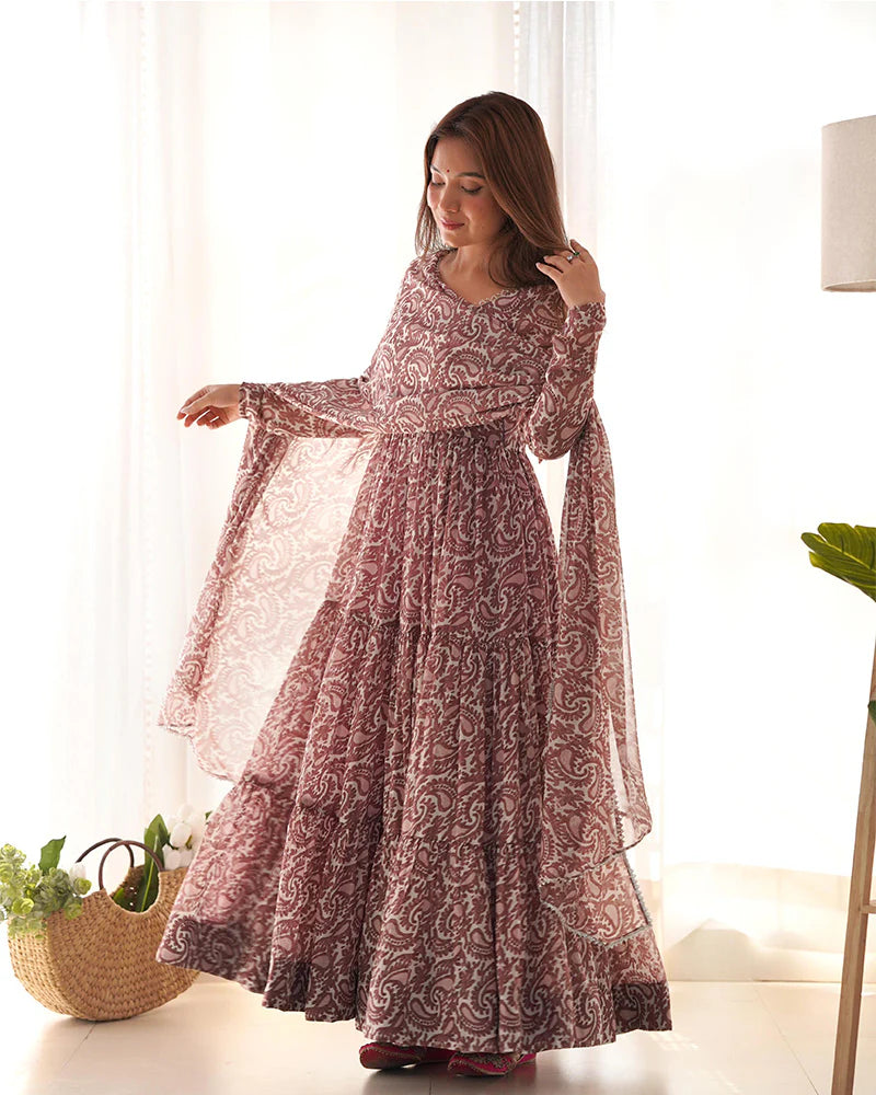 BROWN COLOR SOFT GEORGETTE RUFFLE STYLE ANARKALI SUIT