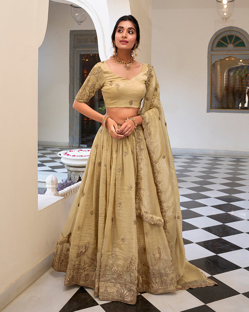 OFF WHITE BLOOM EMBROIDERED GOLD CRUSH LEHENGA CHOLI