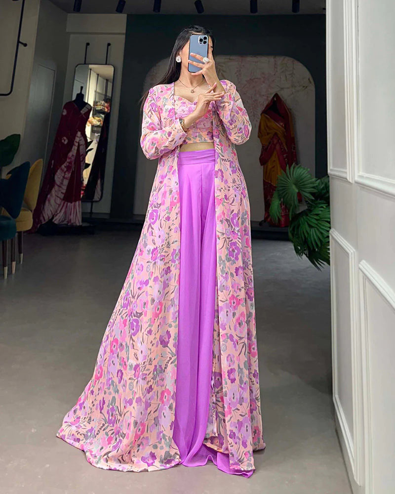 LAVENDER COLOR GEORGETTE PRINTED SHRUG WITH PLAZZO SUIT – Cholicart