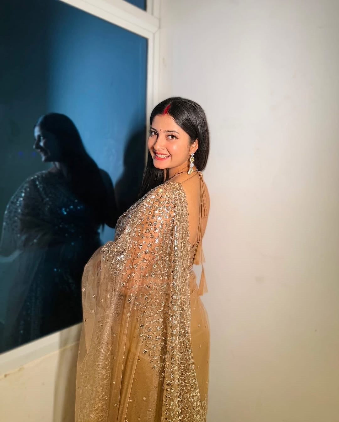 KRITIKA SINGH IN GOLDEN SOFT NET BEAUTIFUL DESIGNER SAREE