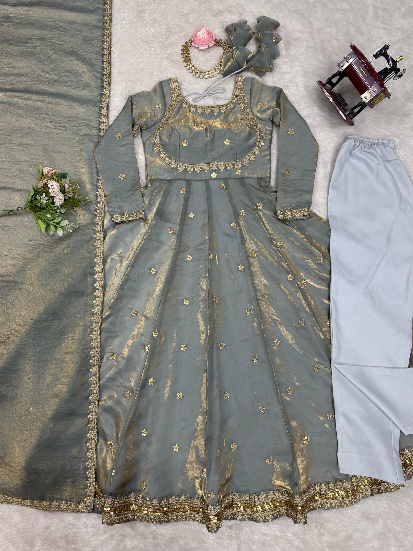 GRAY COLOR FANDY SILK BASE EMBROIDERED ANARKALI SUIT SET OF 3
