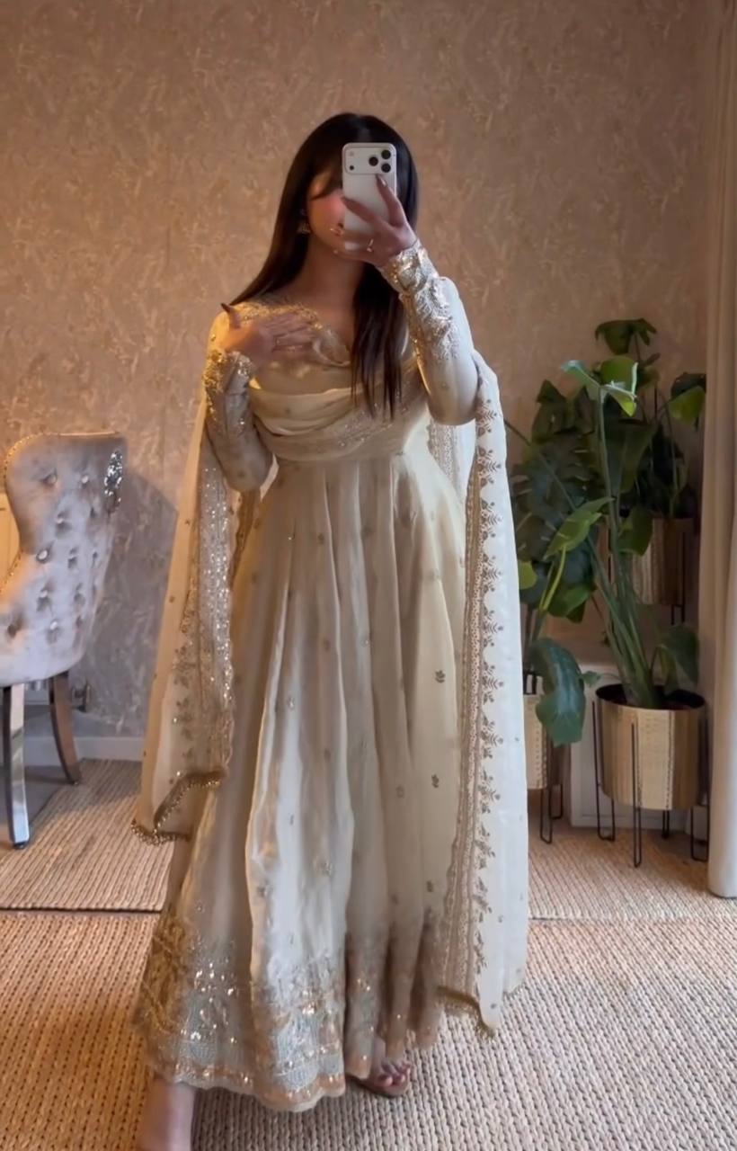 OFF WHITE COLOR DESIGNER GOWN SET WITH DUPATTA & PANT