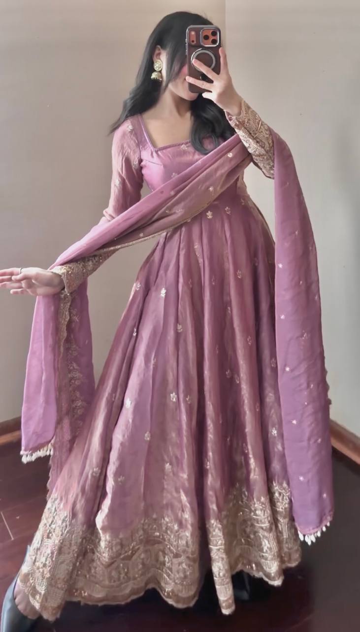 ONION PINK COLOR DESIGNER GOWN SET WITH DUPATTA & PANT