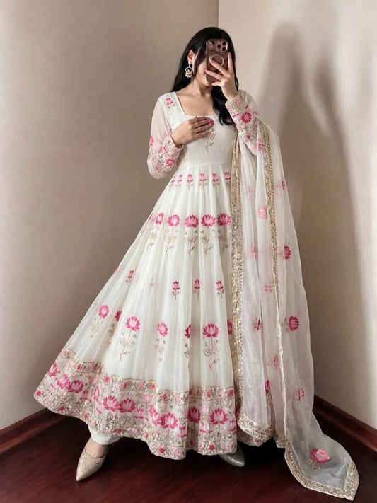 OFF WHITE FLORAL FENDY SILK BASE EMBROIDERED FLARED ANARKALI SUIT SET