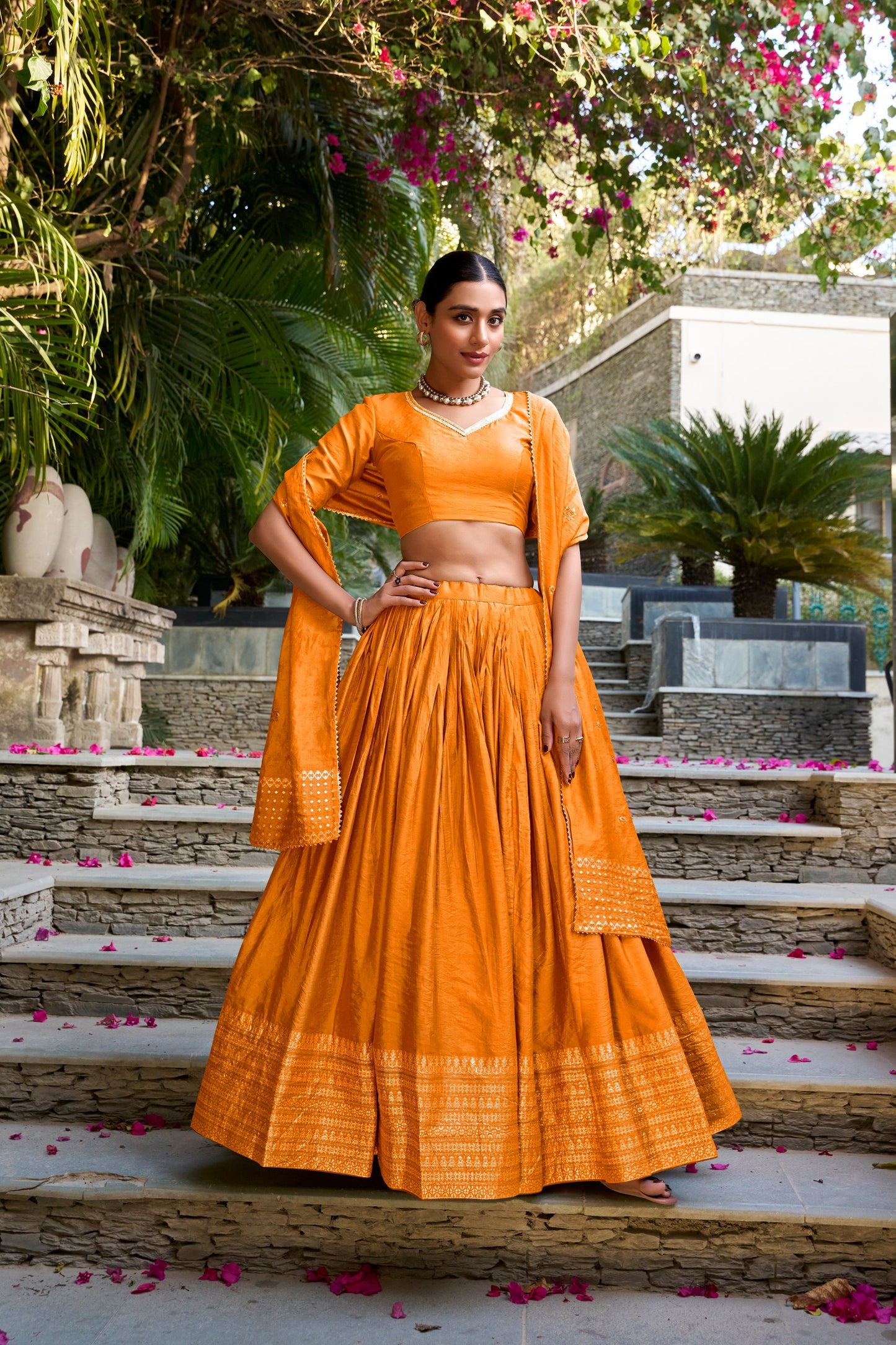 ORANGE COLOR CLASSIC SOUTH INDIAN LOOK CHANDERI SILK LEHENGA