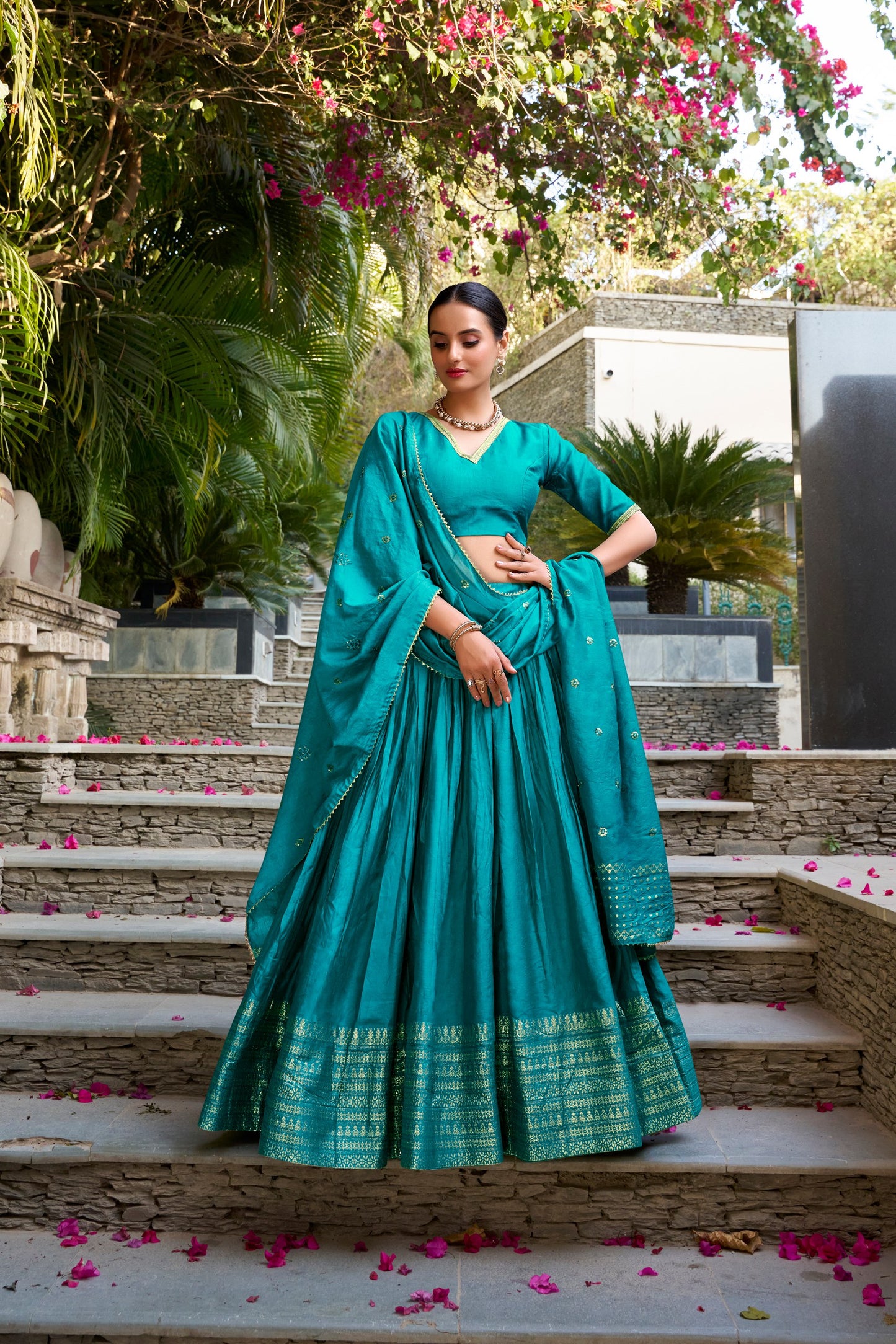SEA BLUE COLOR CLASSIC SOUTH INDIAN LOOK CHANDERI SILK LEHENGA