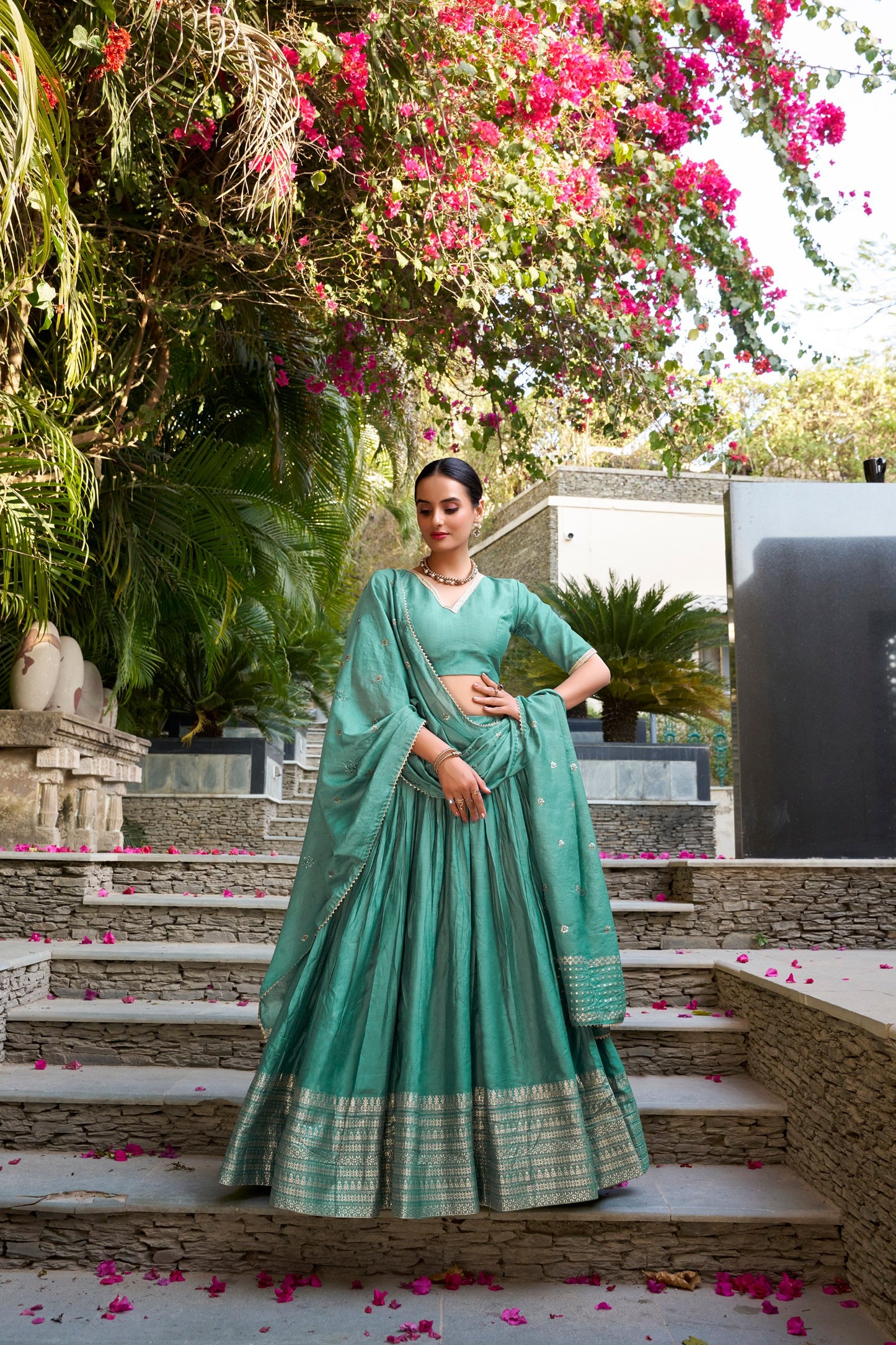 SEA GREEN COLOR CLASSIC SOUTH INDIAN LOOK CHANDERI SILK LEHENGA