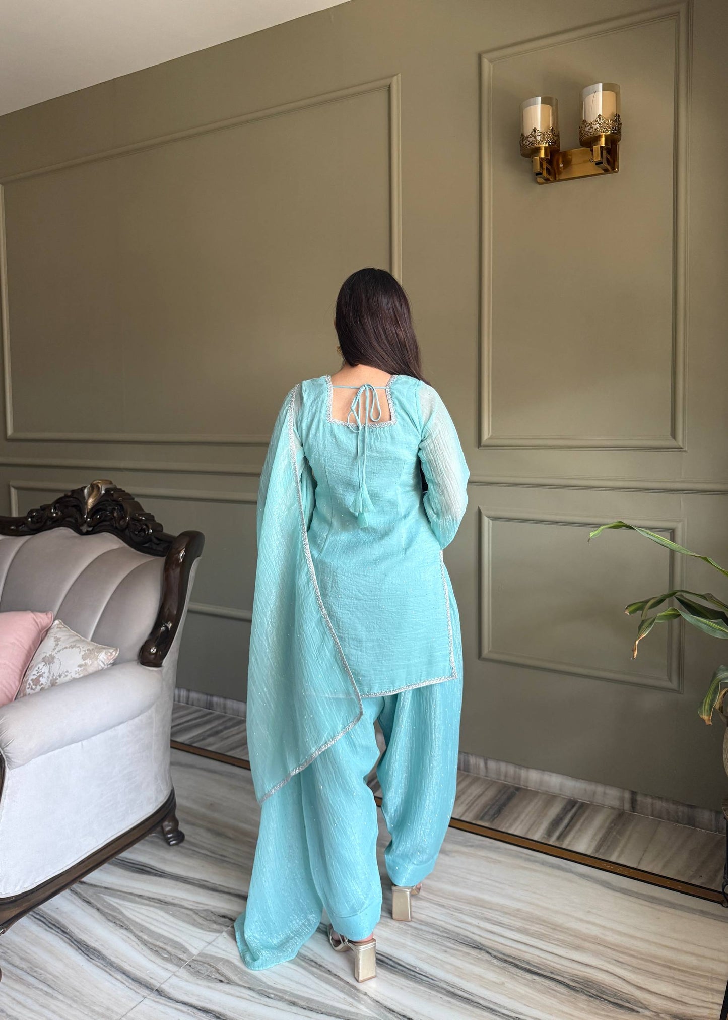 AQUAMARINE BLUE CRUNCHY SILK FARSI SALWAR SUIT