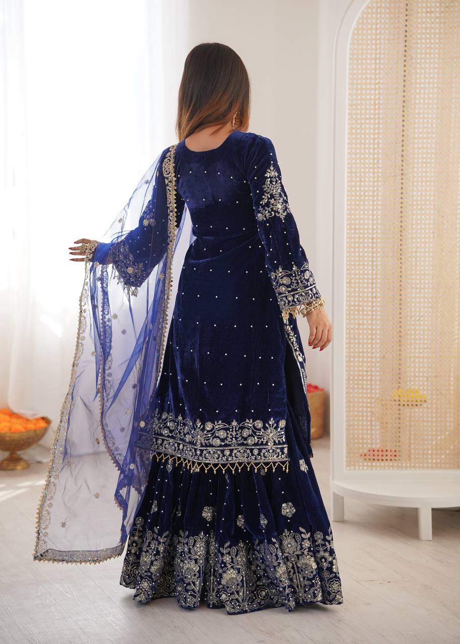 BLUE COLOR VISCOSE VELVET FESTIVAL WEAR EMBROIDERY WORK READYMADE SHARARA SUIT