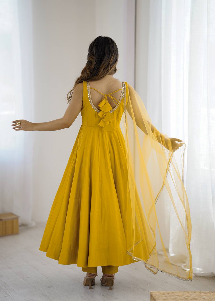 YELLOW COLOR PURE ROMANSILK CHANDERI FABRIC BASE FULLY FLAIR ANARKALI SUIT SET OF 3
