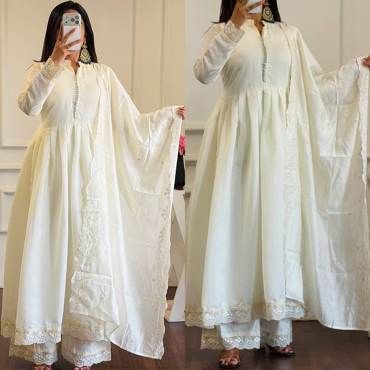 WHITE ROMAN SILK EMBROIDERED ANARKALI SET