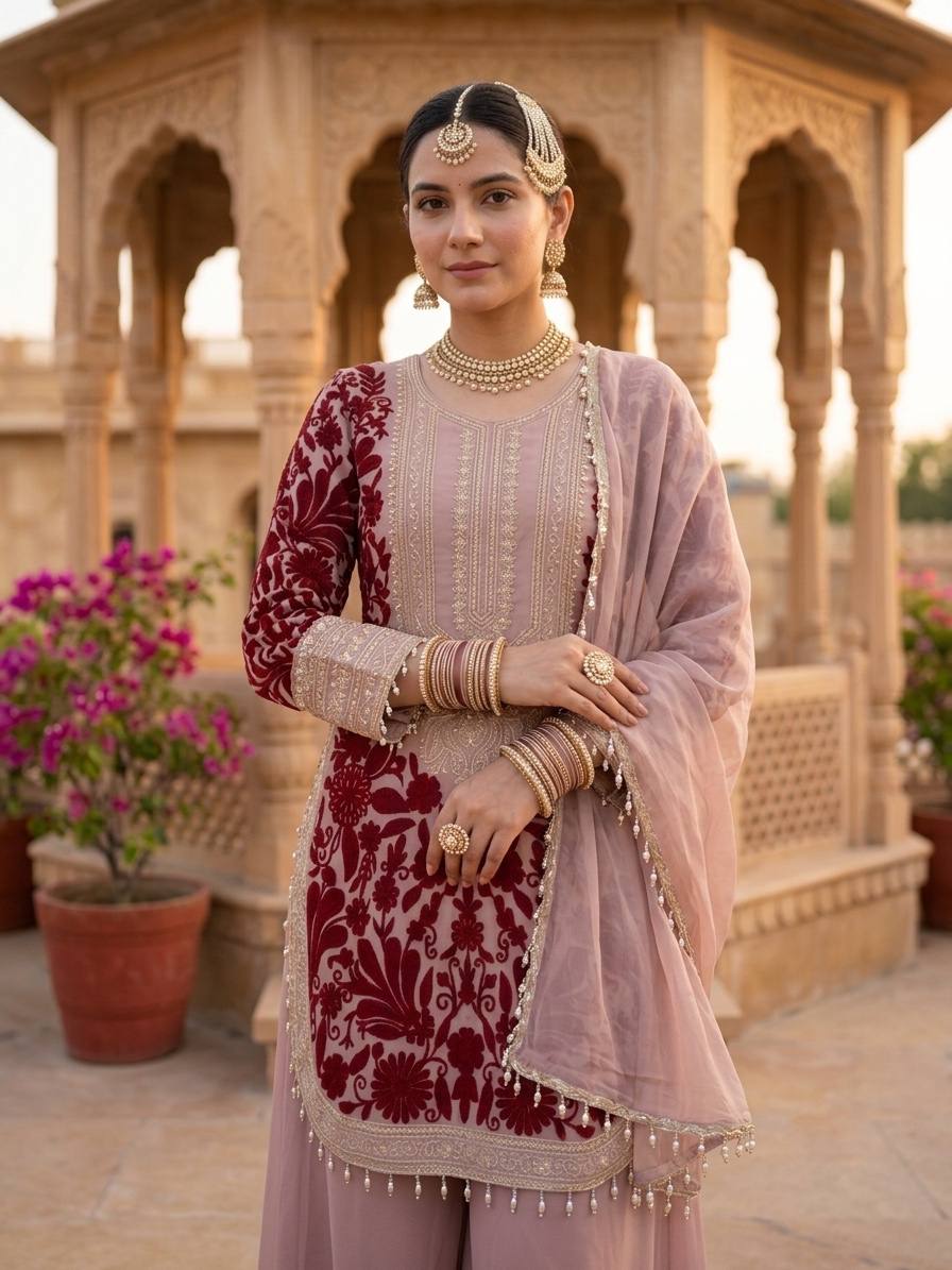BLUSH PINK DESIGNER EMBROIDERED PLAZZO SUIT SET
