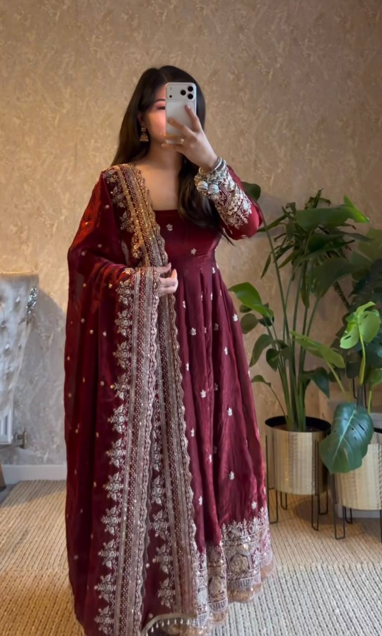 MAROON COLOR DESIGNER GOWN SET WITH DUPATTA & PANT