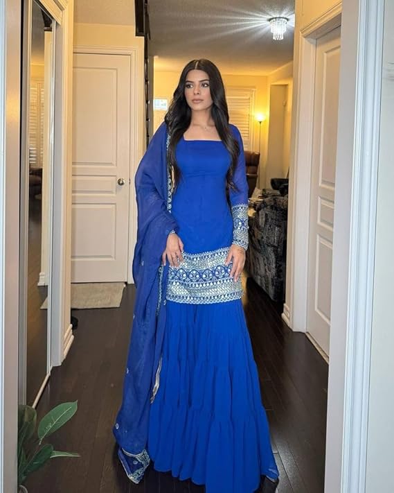 BLUE COLOR GEORGETTE BASE EMBROIDERED WORK SHARARA SUIT SET OF 3