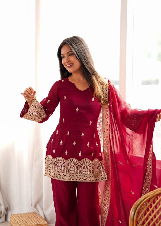 MAROON CRUNCHY SILK EMBROIDERED BELL BOTTOM PALAZZO SET