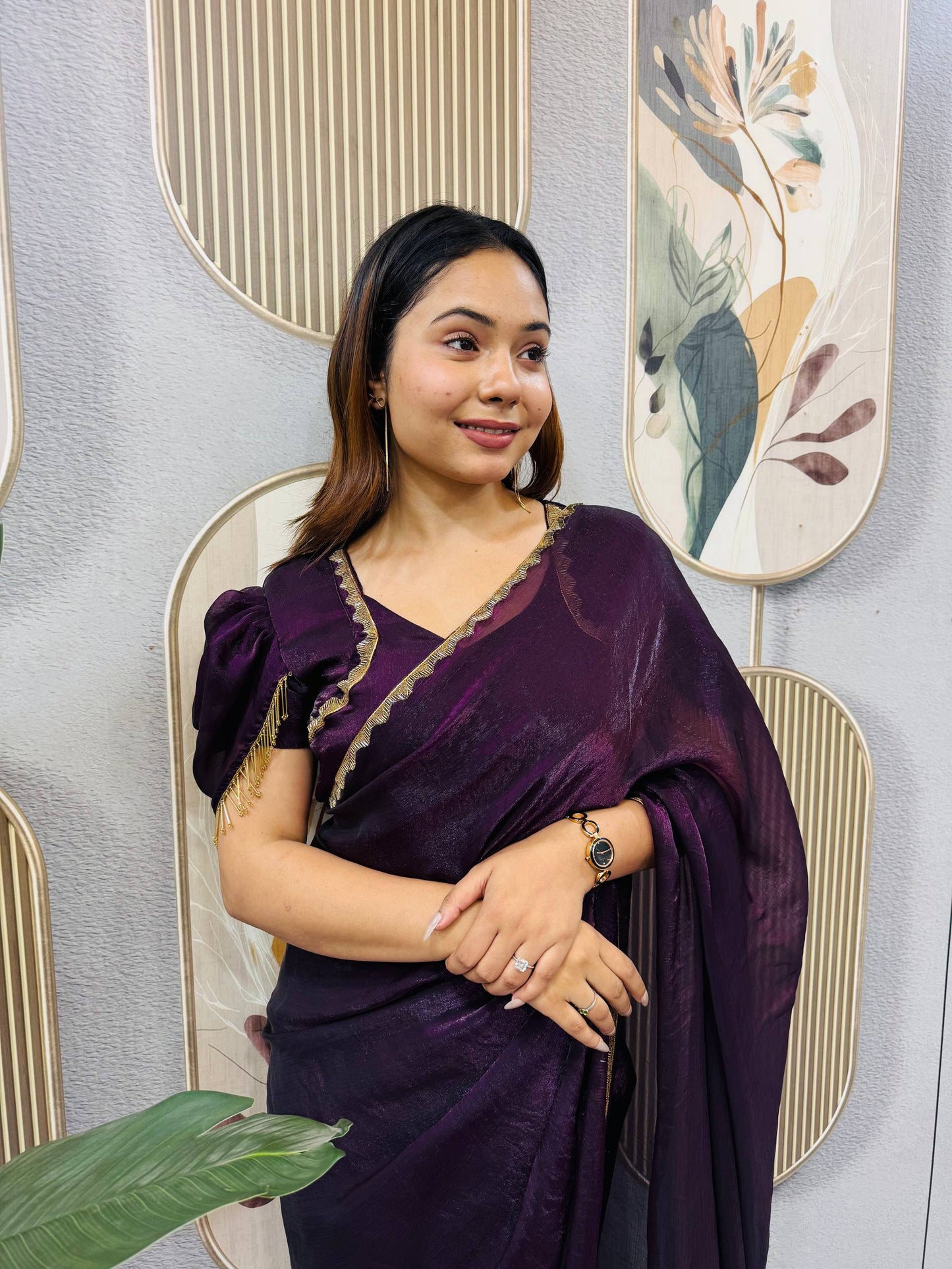 PURPLE SPACE SILK GOWN SAREE WITH BEADS LACE & DUPATTA