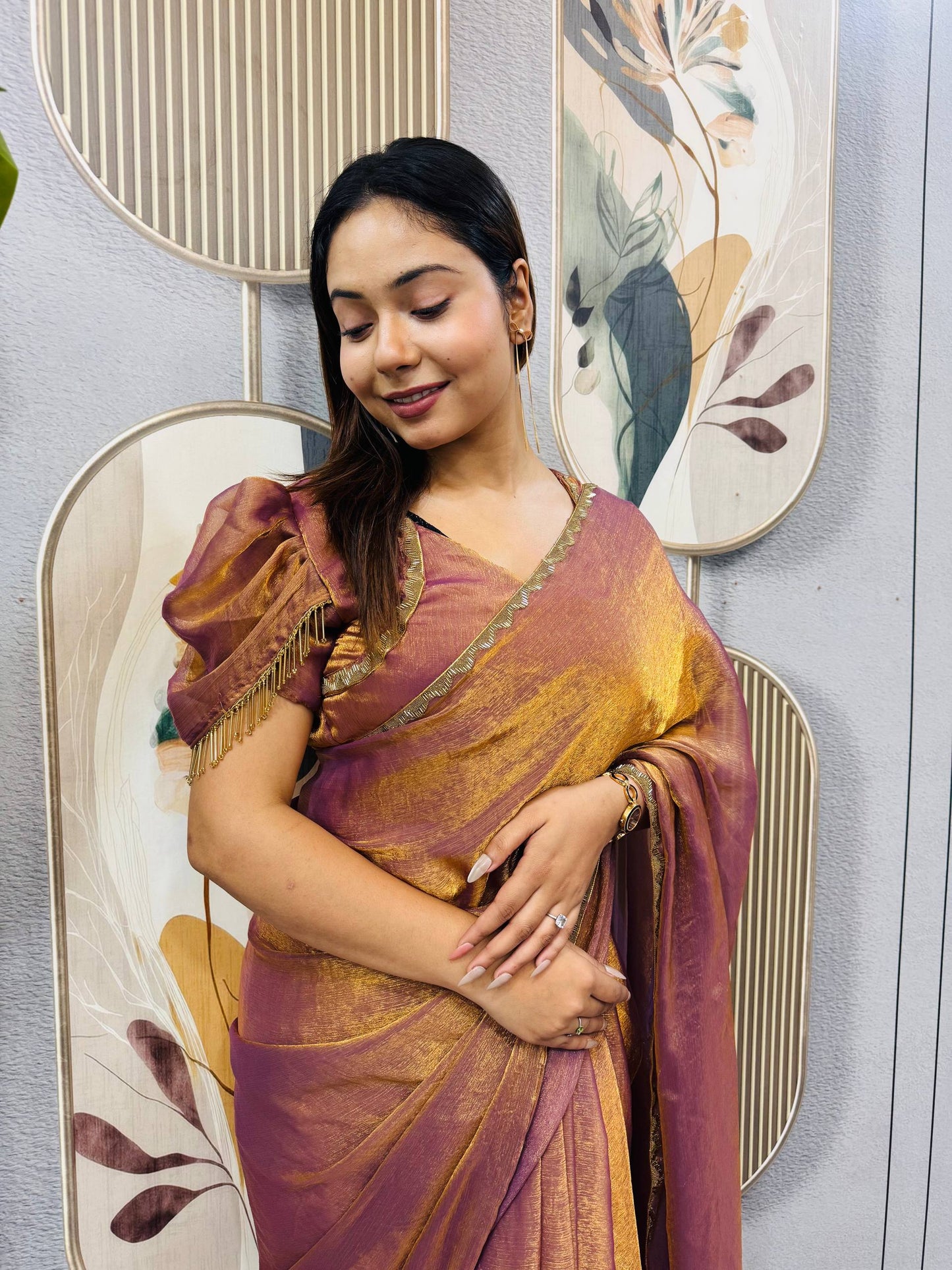 COPPER COLOR SPACE SILK GOWN SAREE WITH BEADS LACE & DUPATTA