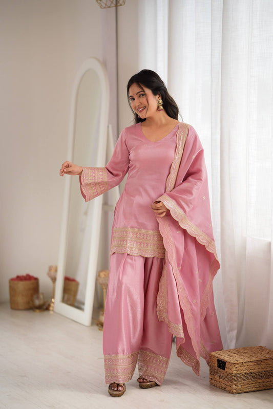 DUSTY PINK COLOR ROMAN SILK EMBROIDERED FARSHI SALWAR SUIT