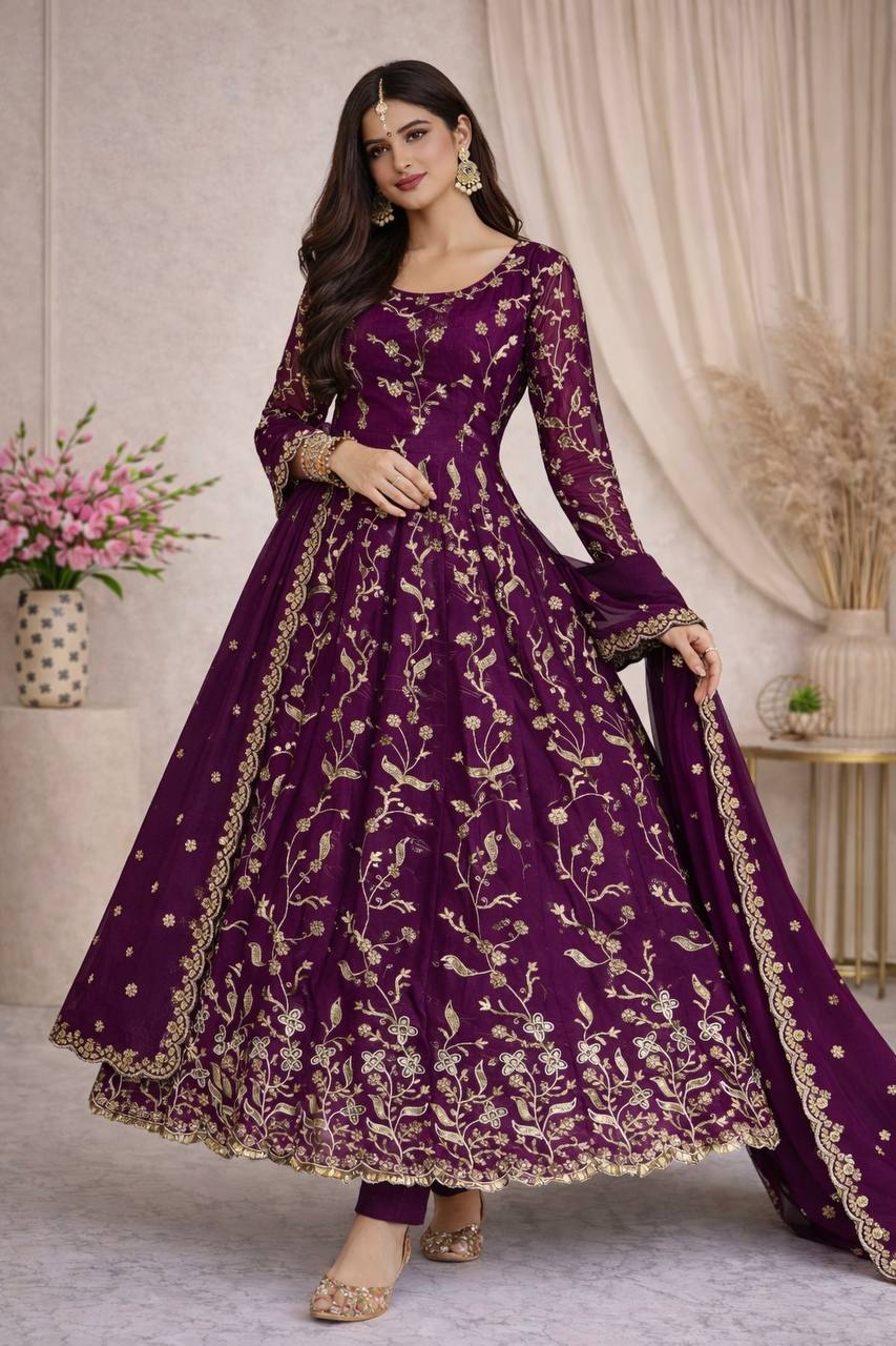 WINE COLOR HEAVY FANDY SILK EMBROIDERY SEQUENCE WORK ANARKALI SUIT