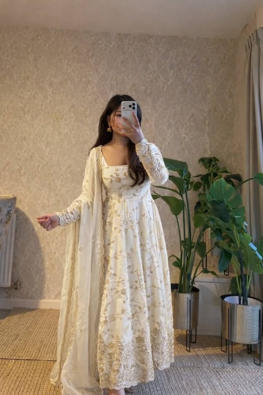 WHITE COLOR HEAVY FANDY SILK EMBROIDERY SEQUENCE WORK ANARKALI SUIT