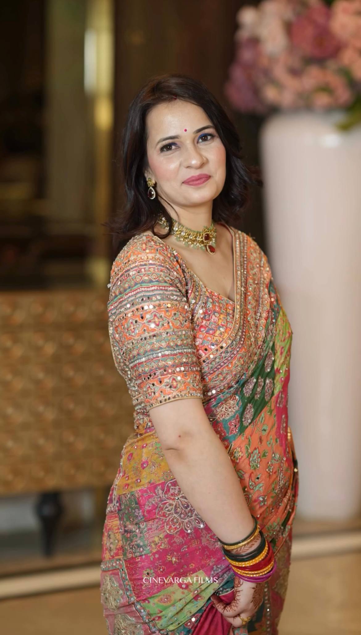 MULTI COLOR DESIGNER CHINNON SAREE WITH HAND MIRROR WORK