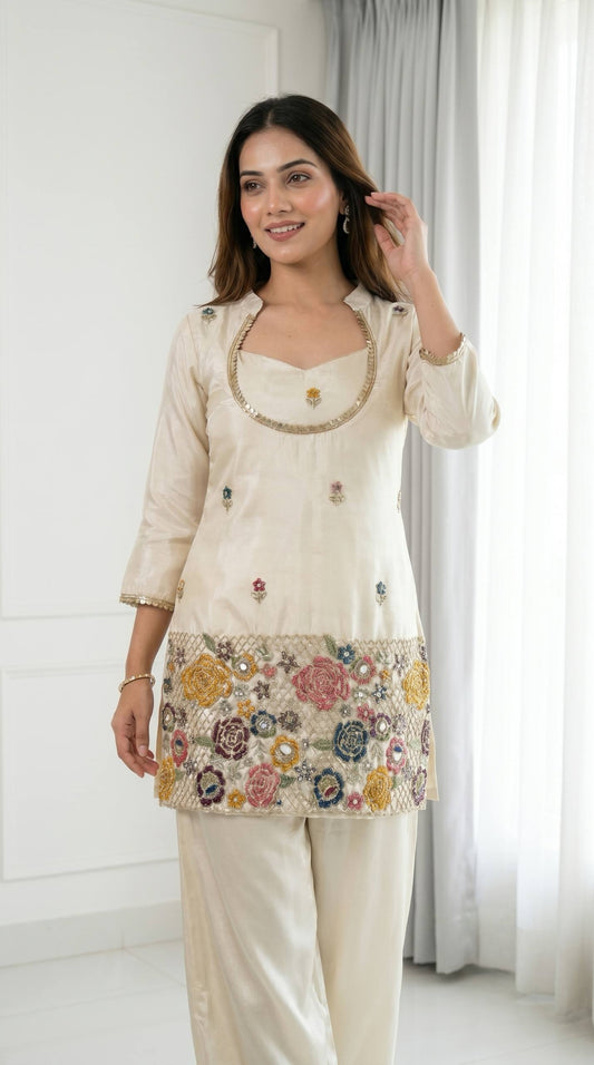 DESIGNER IVORY FLORAL EMBROIDERED KURTA PALAZZO SET