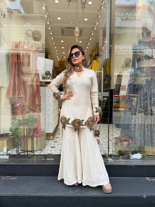 IVORY WHITE ROMAN SILK HAND FLOWER EMBROIDERED KURTI PALAZZO SET WITH DUPATTA