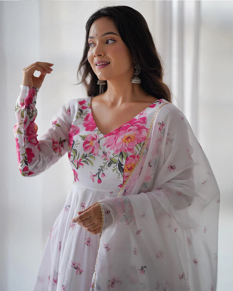 WHITE ORGANZA SILK FLORAL PRINT THREE PIECE ANARKALI SUIT