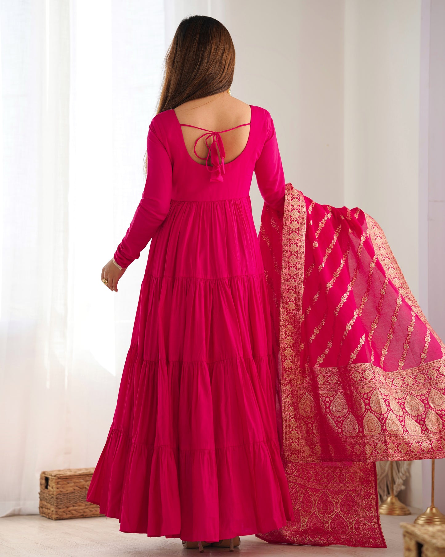 RANI PINK COLOR PURE ROMAN SILK RUFFLE STYLE ANARKALI SUIT SET OF 3