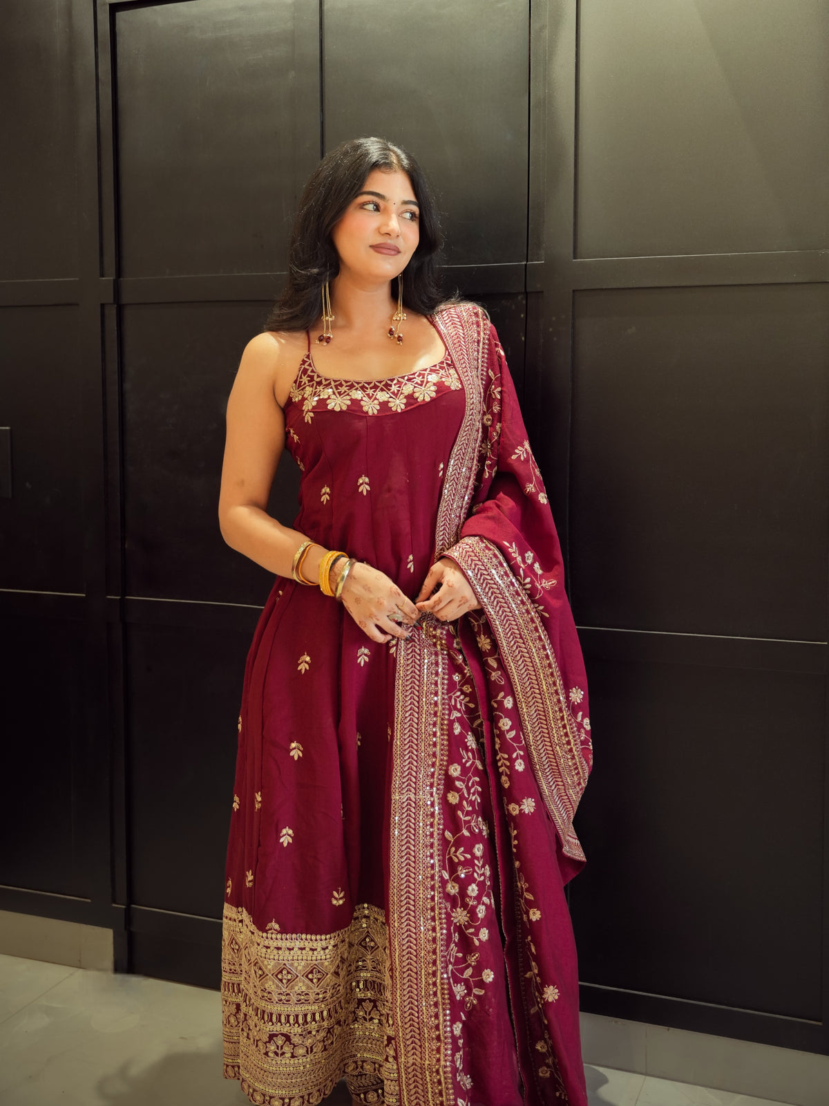 SURBHI RATHORE MAROON COLOR VICHITRA SILK BASE ANARKALI SUIT SET