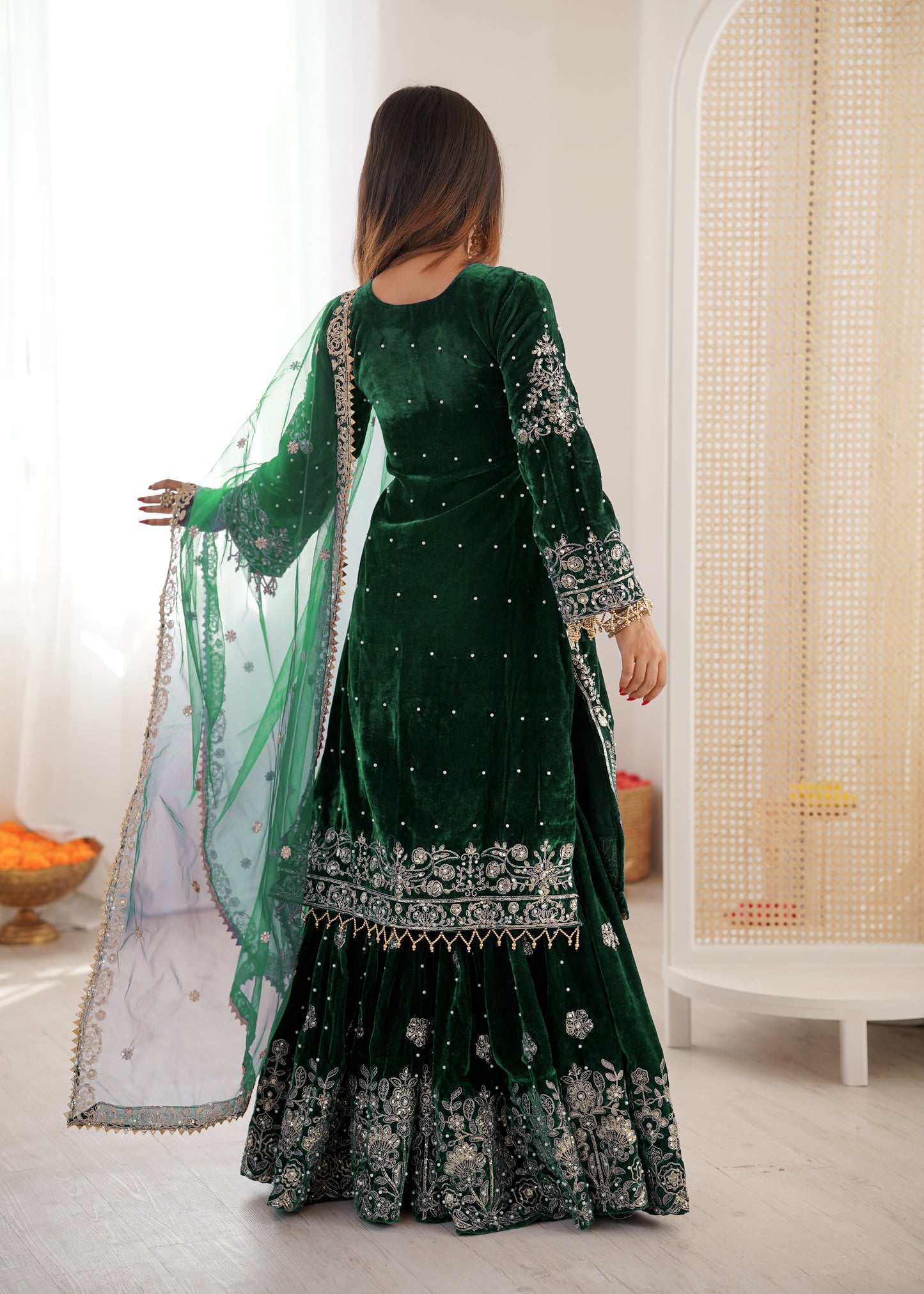 DARK GREEN COLOR VISCOSE VELVET FESTIVAL WEAR EMBROIDERY WORK READYMADE SHARARA SUIT