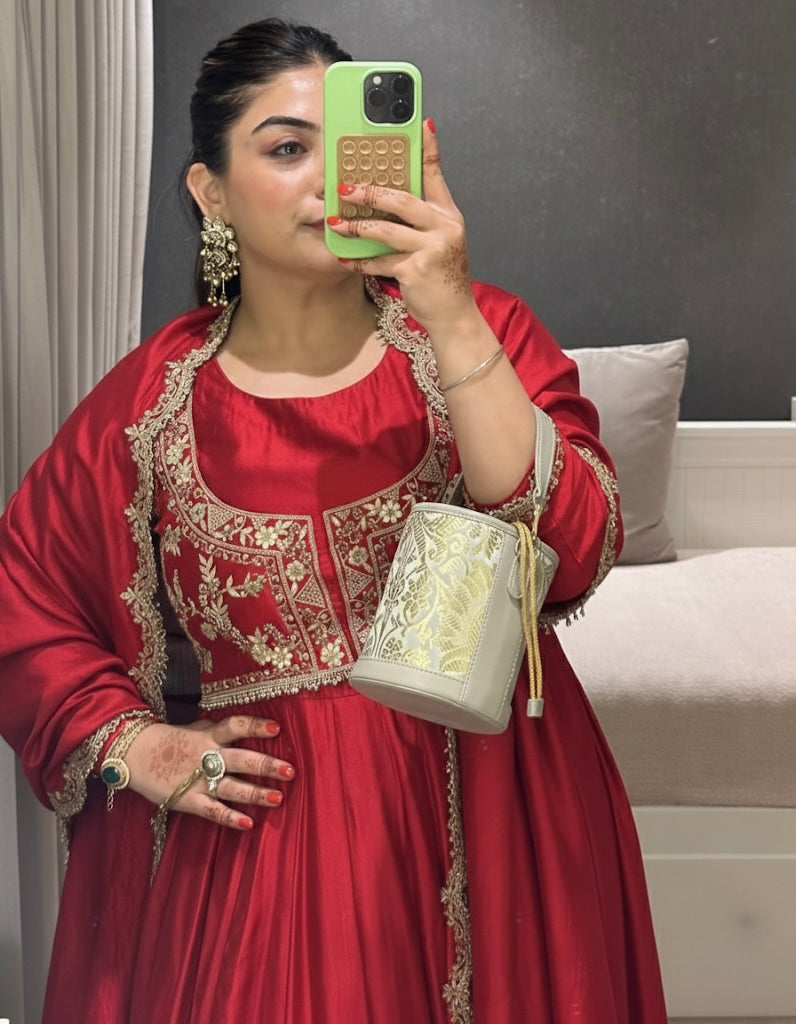 RED COLOR SILK BASE EMBROIDERED WORK ANARKALI SUIT SET OF 3