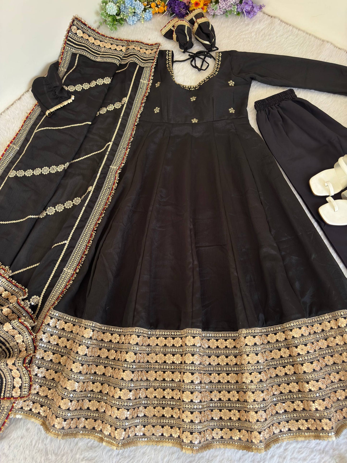 LUXURY CHINON SILK BLACK ANARKALI SUIT WITH RICH EMBROIDERY WORK