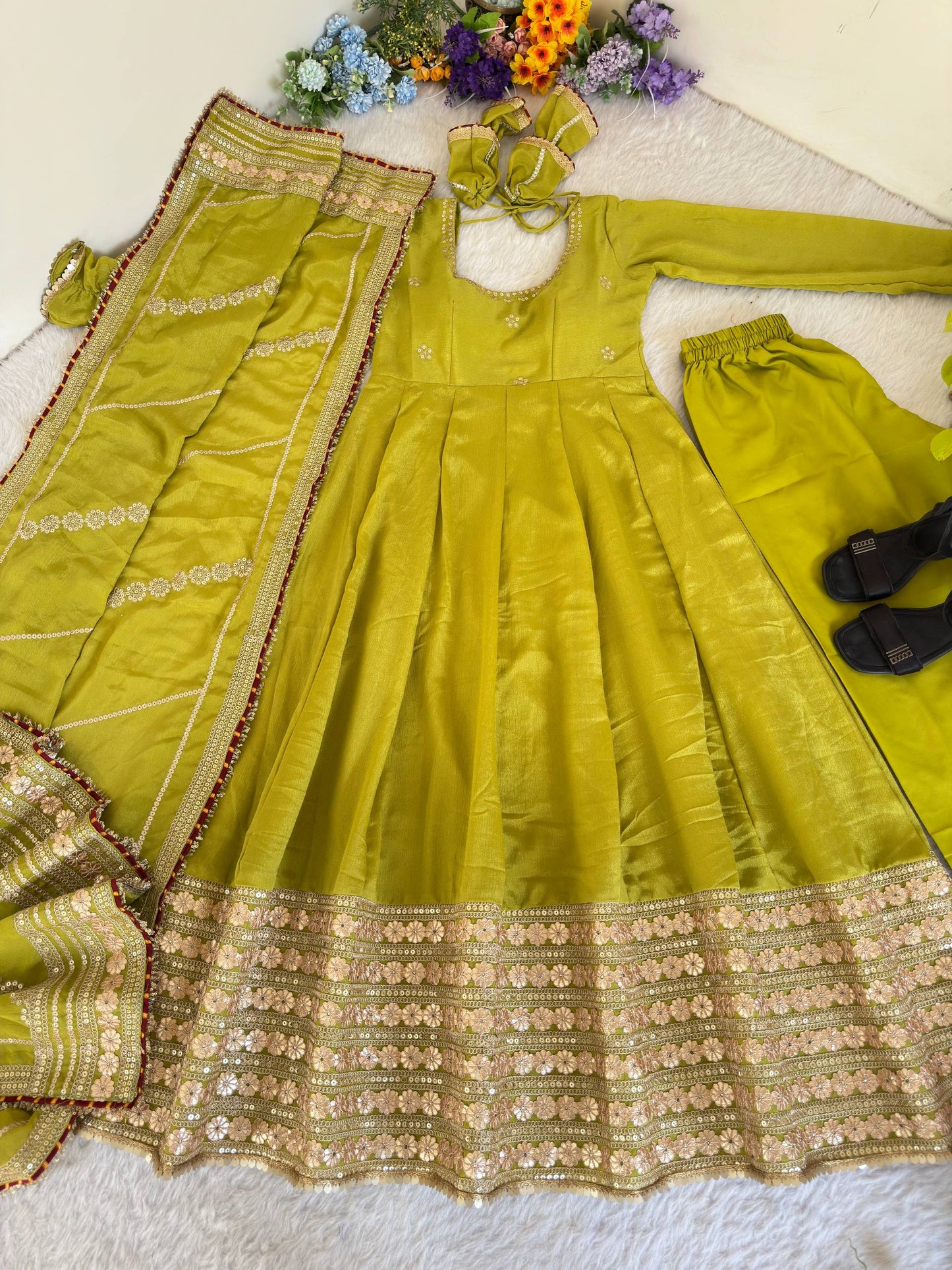 LUXURY CHINON SILK MUSTARD ANARKALI SUIT WITH RICH EMBROIDERY WORK