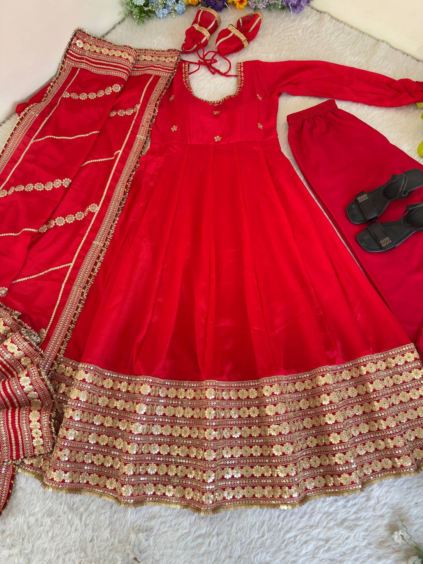 LUXURY CHINON SILK RED ANARKALI SUIT WITH RICH EMBROIDERY WORK