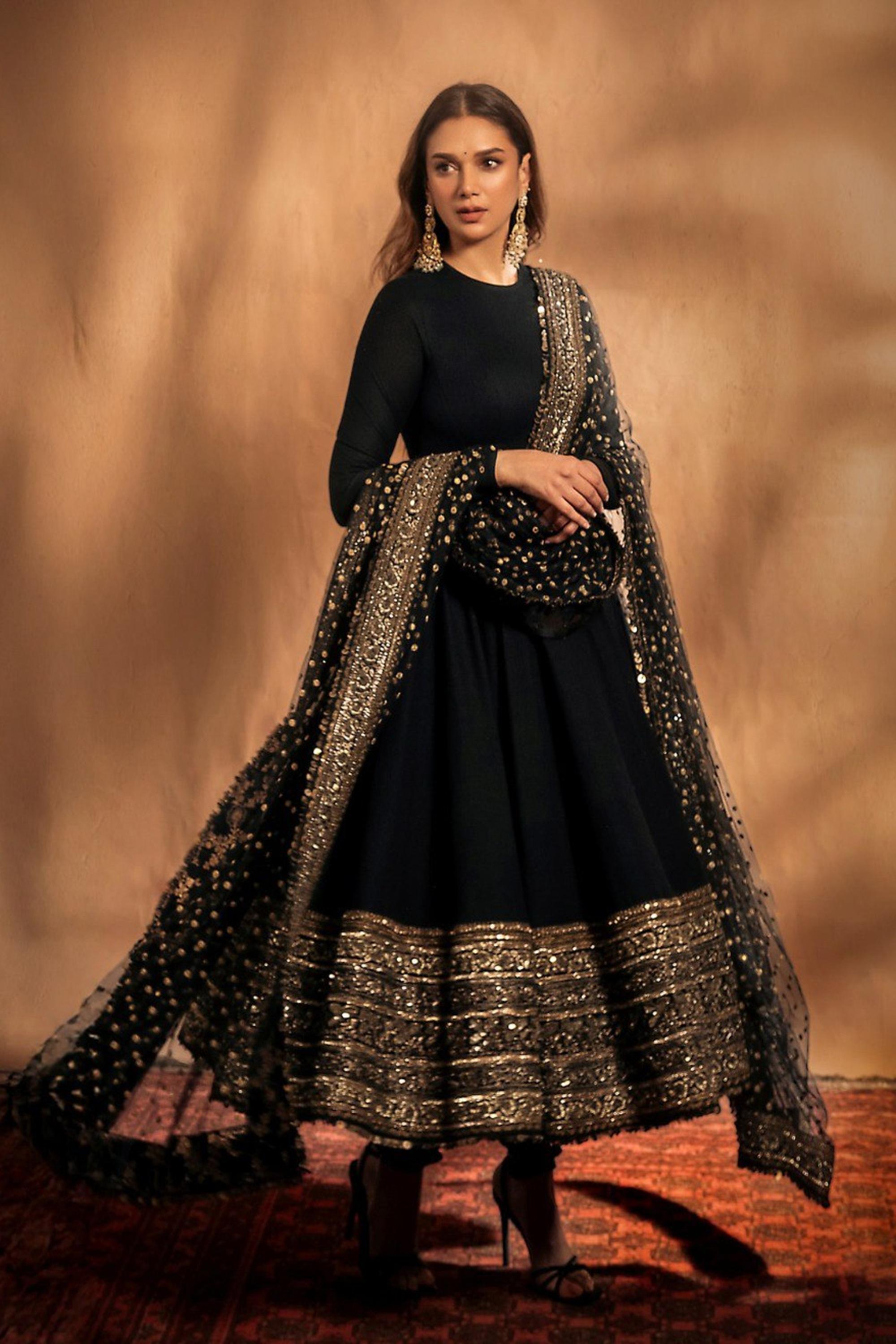 ADITI RAO INSPIRED BLACK RAYON BASE EMBROIDERED ANARKALI SUIT SET Cholicart ADITI RAO INSPIRED BLACK RAYON BASE EMBROIDERED ANARKALI SUIT SET Cholicart
