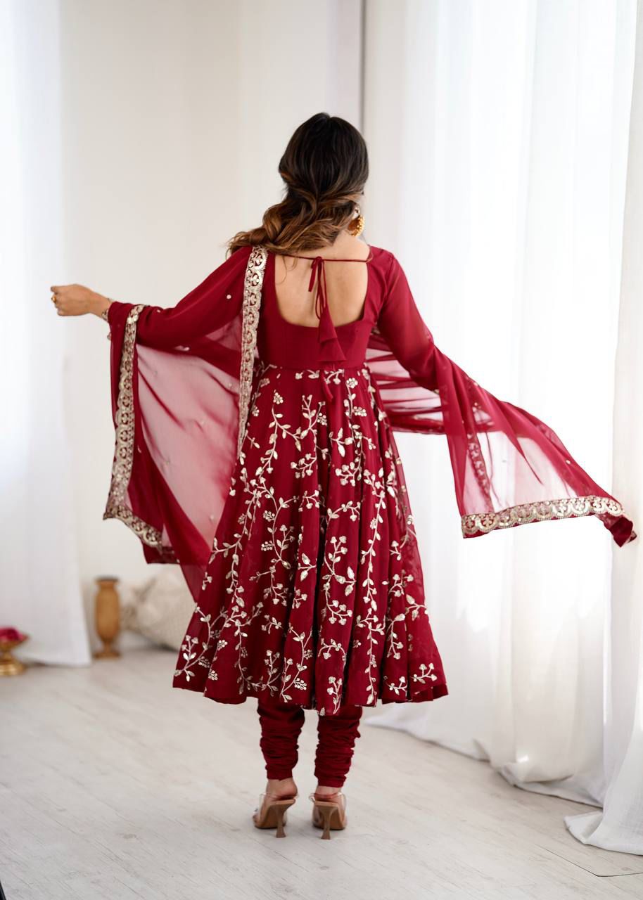 MAROON COLOUR FAUX GEOGETTE BASE EMBROIDERY SEQUENCE WORK ANARKALI GOWN SET OF 3