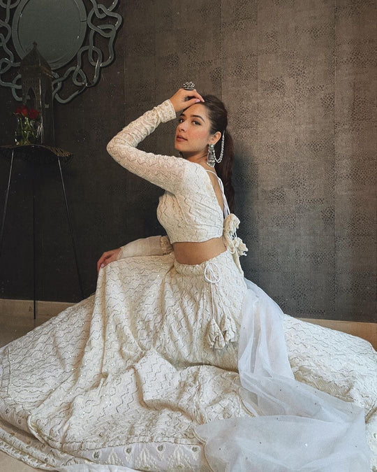 DELIGHTFUL WHITE GEORGETTE BASE LUCKNOWI WORK DESIGNER LEHENGA CHOLI