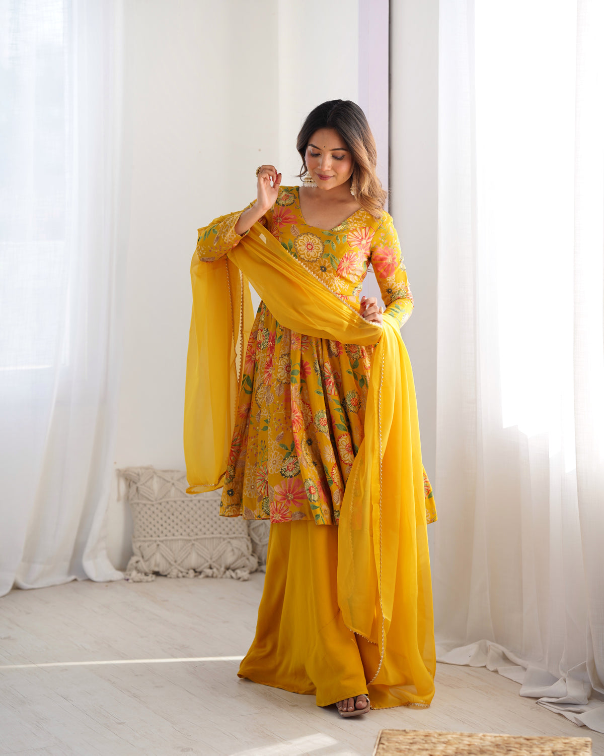 CANARY COLOR ROMAN SILK BASE PRINTED PLAZZO SUIT SET OF 3