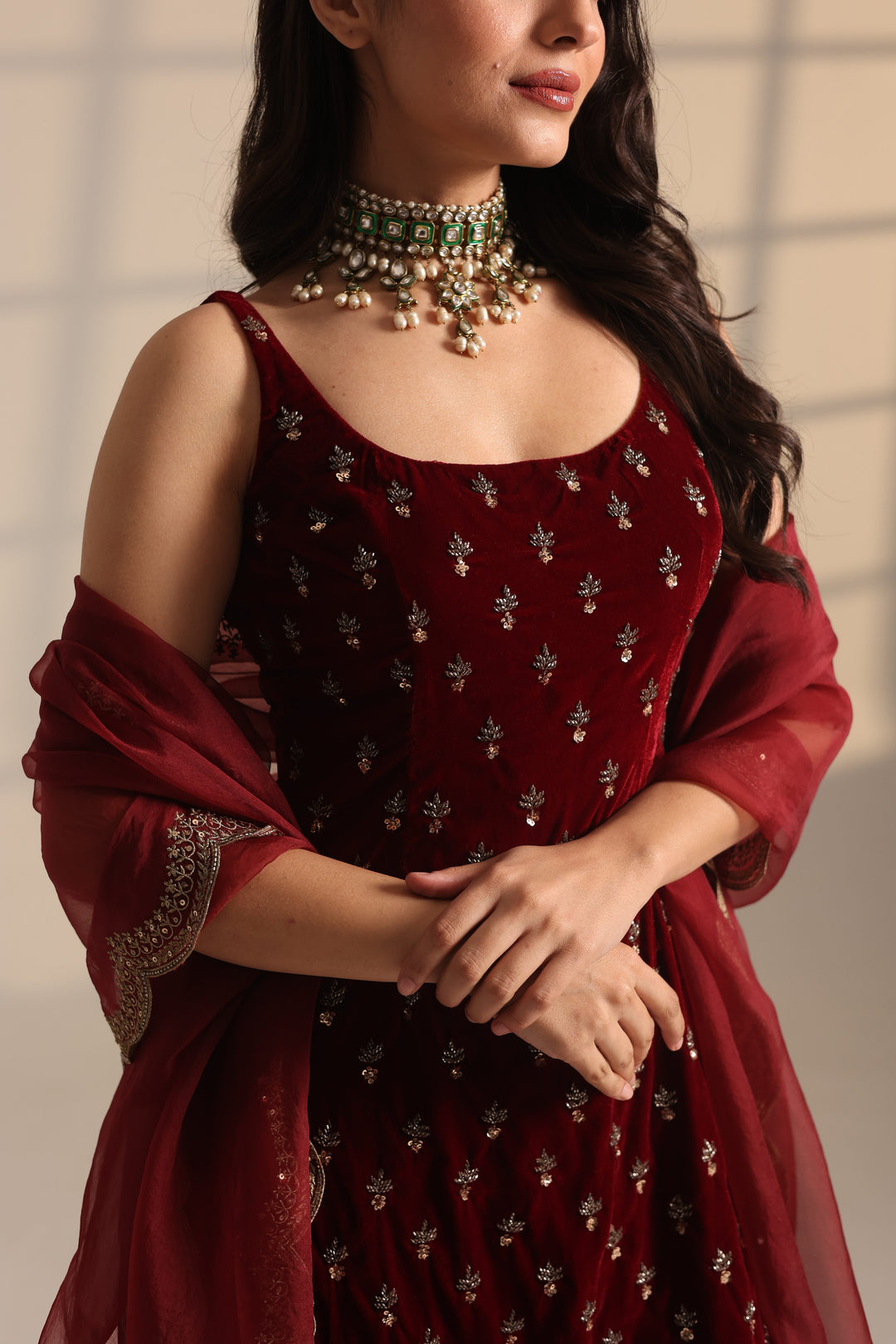 RED ROMAN GLASS FABRIC WITH HEAVY BOOTI WORK LONG KURTI SET