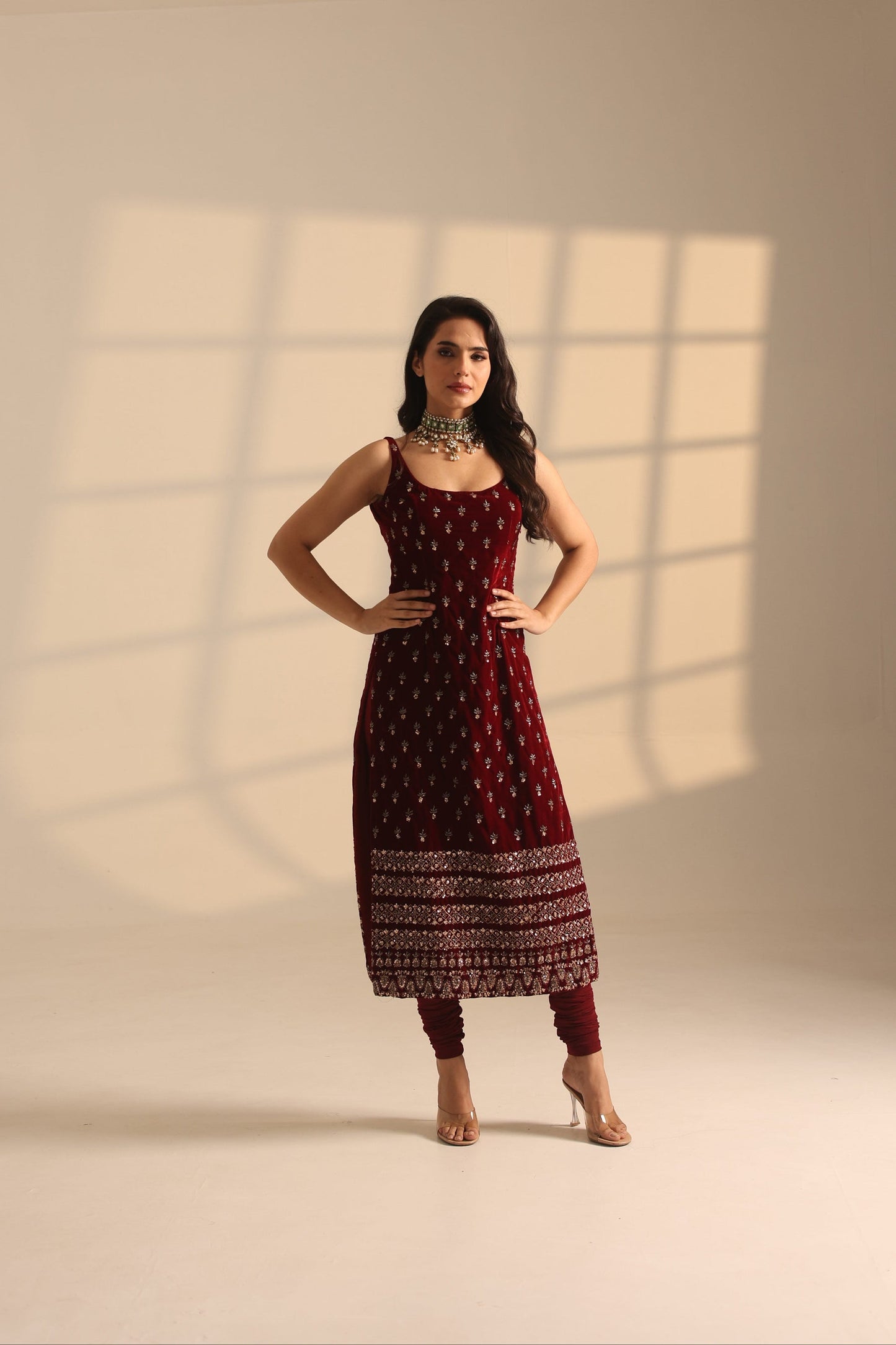 RED ROMAN GLASS FABRIC WITH HEAVY BOOTI WORK LONG KURTI SET