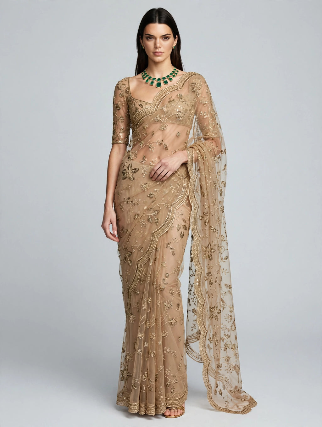 BEIGE EMBROIDERED DESIGNER NET SAREE
