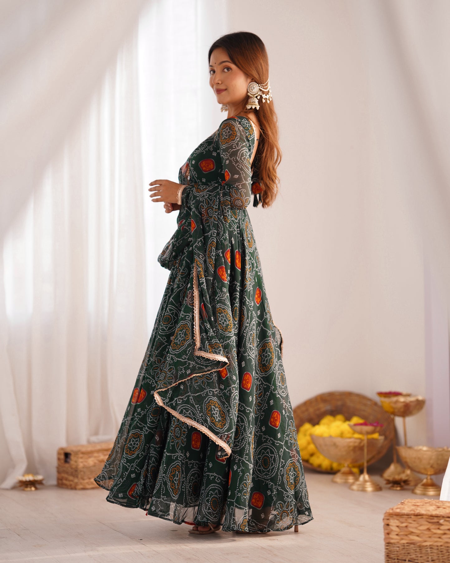 GREEN COLOR BANDHEJ PRINT SOFT CHIFFON ANARKALI SUIT SET OF 3