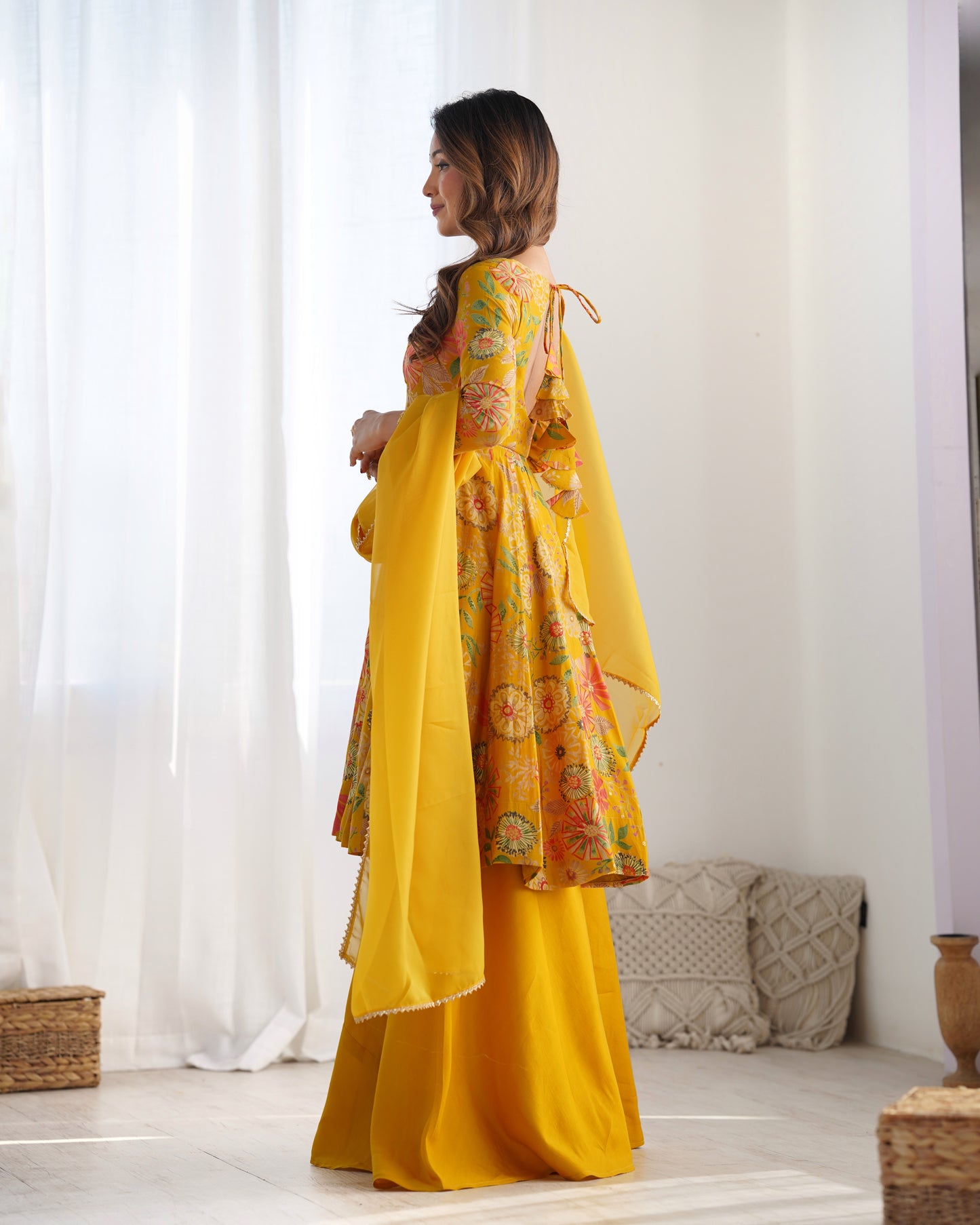 CANARY COLOR ROMAN SILK BASE PRINTED PLAZZO SUIT SET OF 3