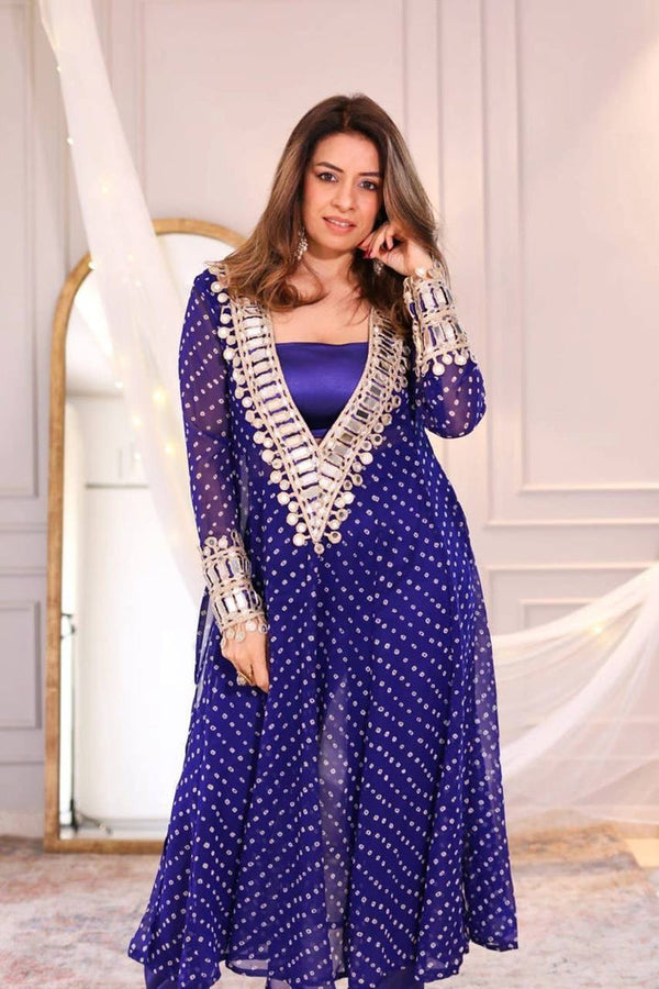BLUE COLOR BANDHANI PRINT MIRROR WORK CO-ORD SET