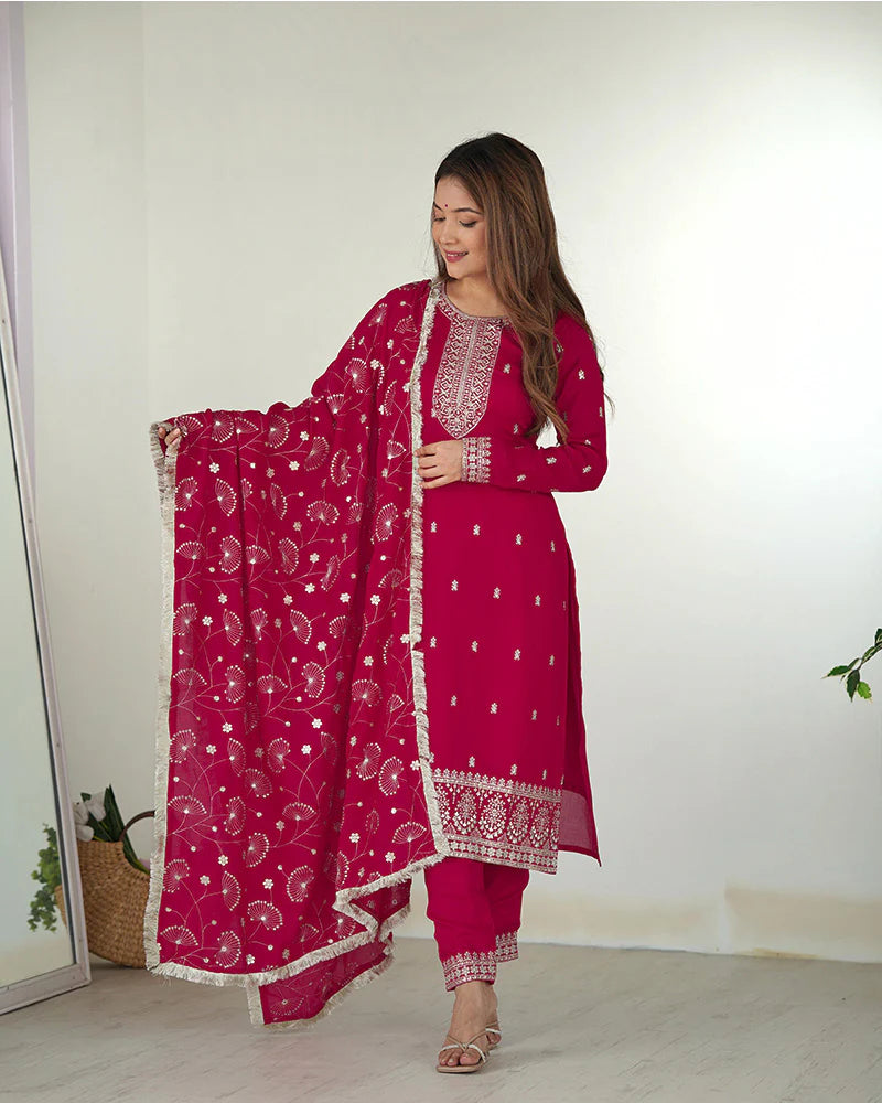 RANI PINK COLOR RANGOLI SILK THREE PIECE KURTI SUIT