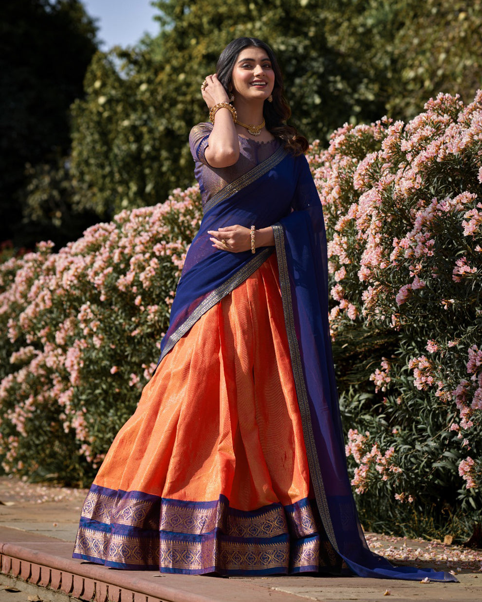 ORANGE KANCHIPURAM SILK DESIGNER HALF SAREE