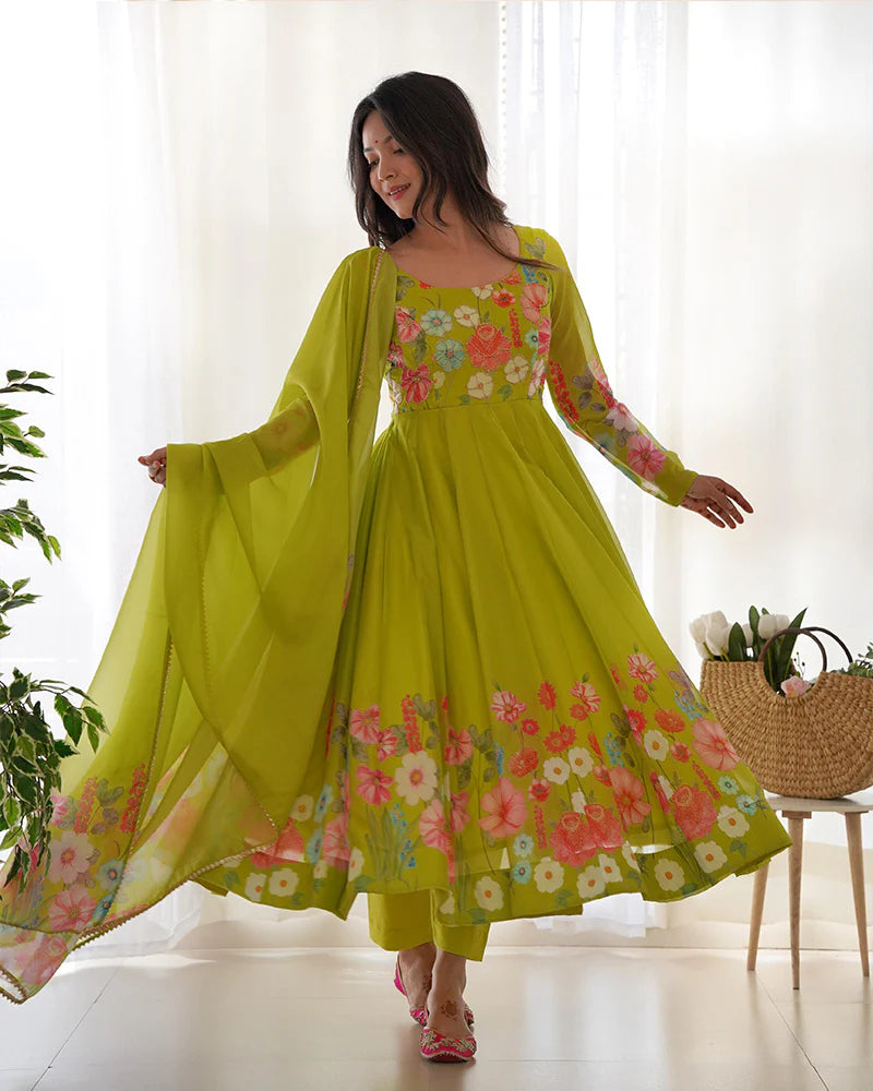 NEON COLOR FLORAL PRINT ORGANZA THREE PIECE ANARKALI SUIT