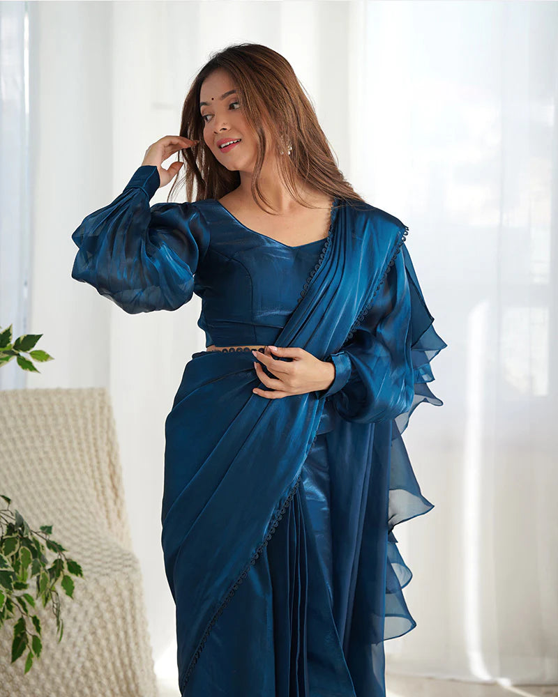 TEAL BLUE COLOR JIMMY CHOO PRE DRAPPED SAREE